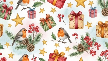 Watercolor illustration of robins, pinecones, and gift boxes surrounded by stars and berries on a festive background