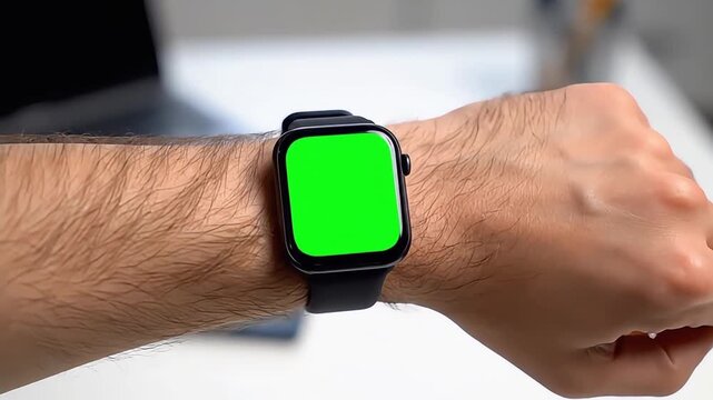 Man Wearing Smartwatch with Green Screen on Wrist for Mockup.