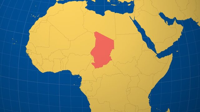 Chad on Globe. Animated zoom into the country in Ocean Blue Golden Yellow color palette. Chad logo animation. Map with meridians, parallels. Alive video.