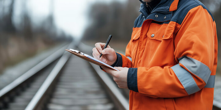 Railway worker wearing high visibility jacket writing on clipboard near train tracks, performing safety inspection or maintenance