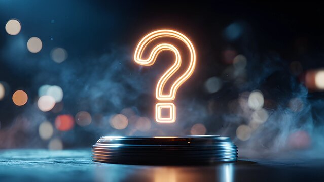 Game show question mark (?) podium. stage set for a trivia or game show. Large neon question mark sign and a podium with the word "ANSWER". Quiz time spotlight podium answer stage showtime.