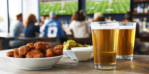 Sports bar table showing beer glasses, chicken wings, snacks and football game on screens in background