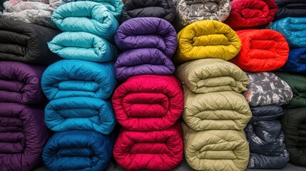 Rolled up sleeping mats in a variety of bright colors stacked for display