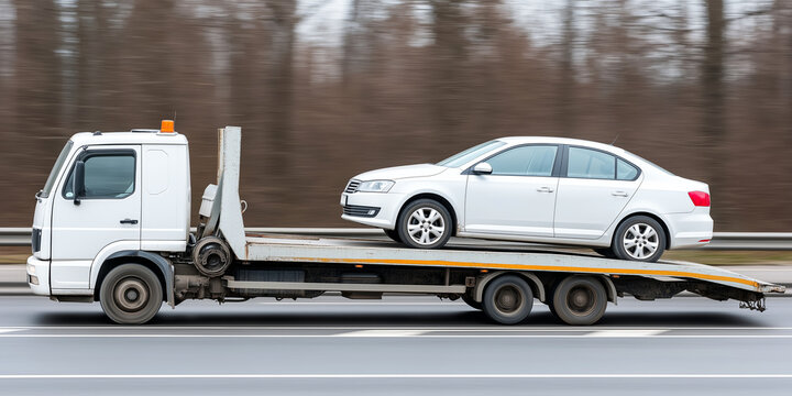 Tow truck transporting a broken down white sedan on its flatbed, driving along a highway with motion blur