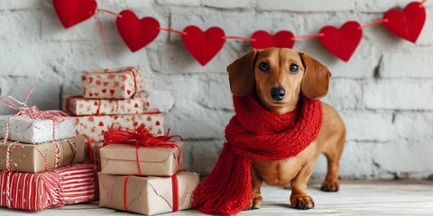 Dachshund wrapped in a red scarf stands beside Valentine presents and a heart garland. Warm scene mixes humor, affection and holiday charm.
