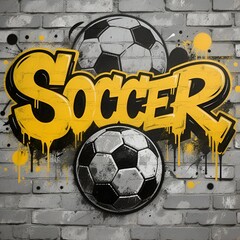 Street Art Style Soccer Graffiti on Brick Wall with Yellow Typography