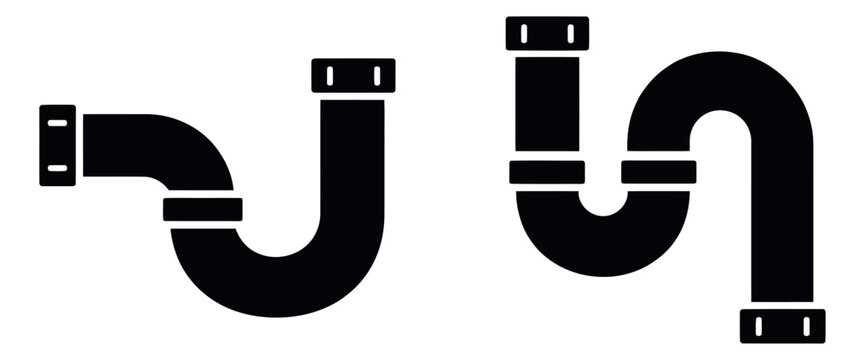 Solid icon style plumbing pipes set featuring curved pipe fittings for water systems and home repair