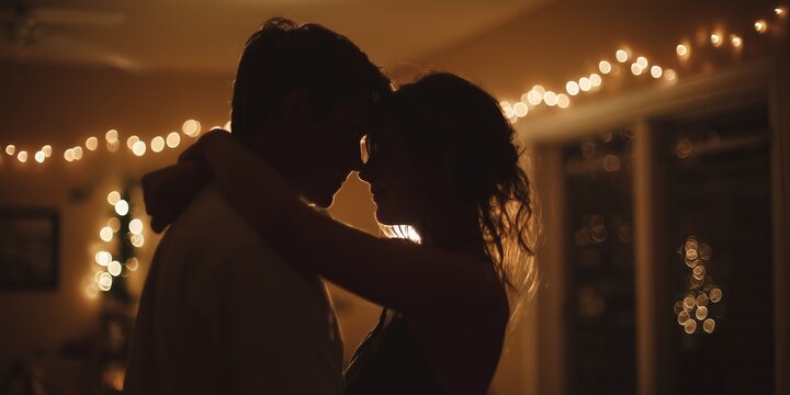 A couple slow dances as silhouettes in a dimly lit room. String lights behind them add a subtle glowing softness to the moment.