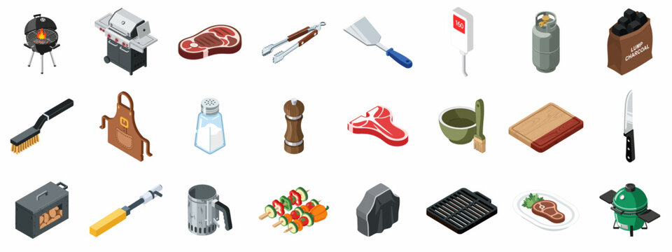 Comprehensive Isometric BBQ and Grilling Icon Set featuring essential tools, equipment, ingredients, and accessories for outdoor cooking preparation.
