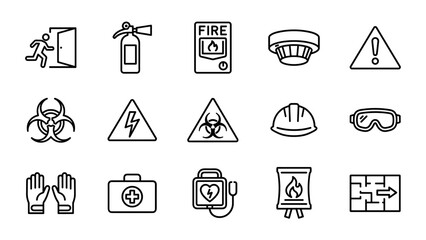 Safety and emergency line icons. Fire protection symbols. Danger warning signs. Industrial security. First aid kit. Biohazard. Construction helmet. Evacuation plan. Outline vector