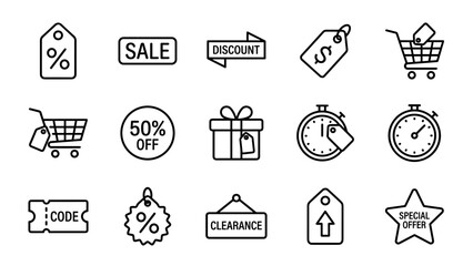 Minimalist shopping and discount line icons set. Vector collection of sale tags, special offers, percentage discounts, gift boxes, clearance signs, shopping carts, promo codes, and stopwatch symbols.