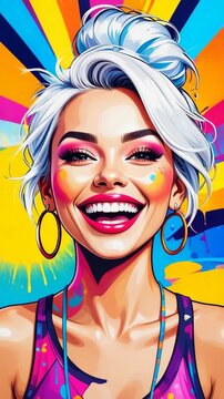 Stylish woman with silver hair, bright pink makeup, and vibrant colorful background, wearing gold hoop earrings and string bikini top