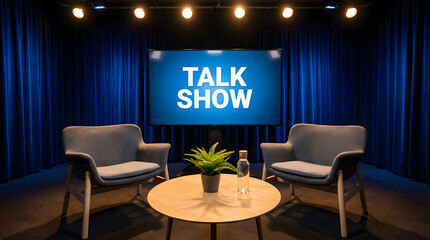 a modern, minimalist TV studio with blue curtains, a large screen displaying "TALK SHOW," two gray armchairs, a round wooden table, and a potted plant.