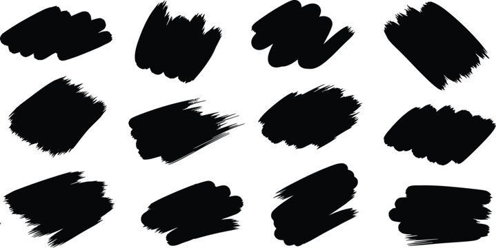 Collection of diagonal black paint smudges and rough grunge ink swatches for texture and background effects