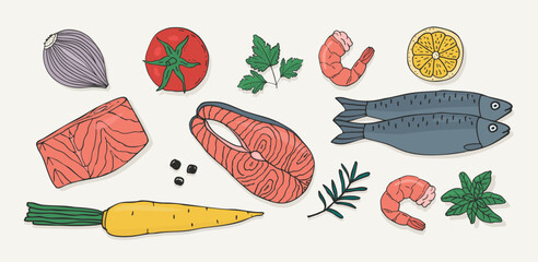 Hand drawn seafood ingredients illustration with salmon fillet shrimp whole fish vegetables herbs lemon slices on light background.  for healthy recipe blog menu header packaging cooking class design.