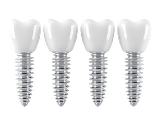Four identical white dental implants with polished, smooth heads and threaded silver metal shanks, 