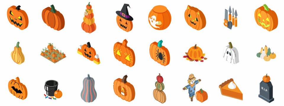 Isometric Halloween Pumpkin Icons: Collection of seasonal symbols, Jack-o'-lanterns, autumn harvest vegetables, carving tools, and spooky treats. - Powered by Adobe