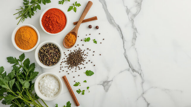 Spezie ed erbe aromatiche in ciotole su piano in marmo bianco. Generative AI