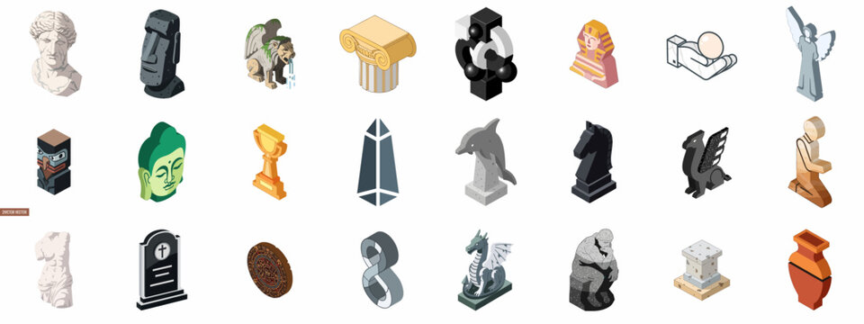 Isometric Set of Sculptures and Statues Icons Including Ancient Busts, Sphinx, Moai, Gargoyle, Buddha, and Abstract Art Figures.