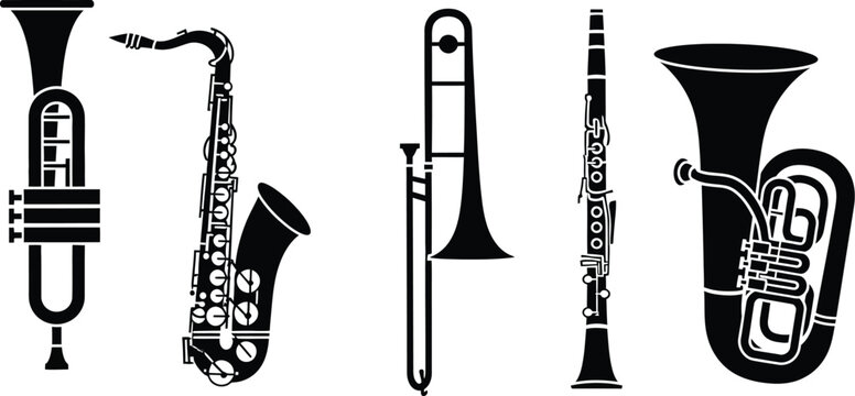 Musical instruments: trumpet,  saxophone,  flute,  trombone, clarinet, and  tuba or euphonium. 
