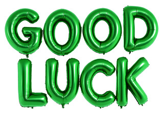  two rows of green metallic balloons spelling "GOOD LUCK" in uppercase letters. The balloons are shiny, reflective, and have a dark blue outline.