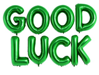  two rows of green metallic balloons spelling "GOOD LUCK" in uppercase letters. The balloons are shiny, reflective, and have a dark blue outline.