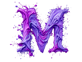 digitally-created letter "M" in swirling, marbled shades of purple and pink, set against a white background, 
