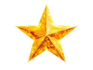  illustration of a bright, golden-yellow star with sharp, faceted edges, set against a pure white background