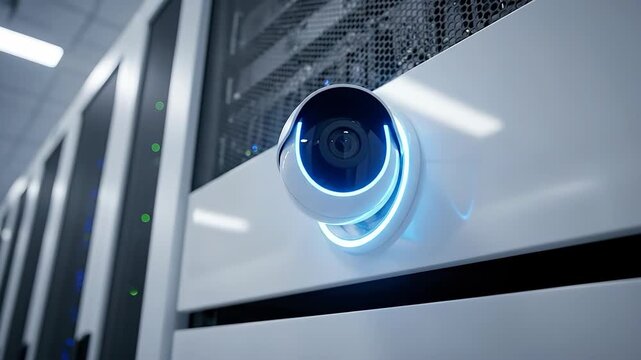 Security camera powering on in server rack. Modern data center surveillance activating with blue glow. Cloud computing infrastructure monitoring system in operation. video footage video footage