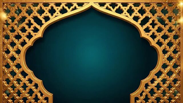 Golden Arabic Arch Frame Opening Animation with Intricate Geometric Design on Dark Teal Background for Cultural Events