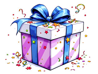 digital drawing of a white gift box with a blue ribbon and bow, decorated with colorful stars and confetti, set against a white background.
