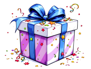 digital drawing of a white gift box with a blue ribbon and bow, decorated with colorful stars and confetti, set against a white background.