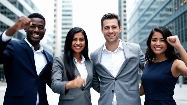 Diverse business team celebrates success outdoors. Group of professionals shows excitement and teamwork. Urban setting enhances positive atmosphere of achievement.