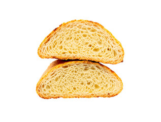two slices of golden-brown, crusty bread stacked vertically on a plain white background,