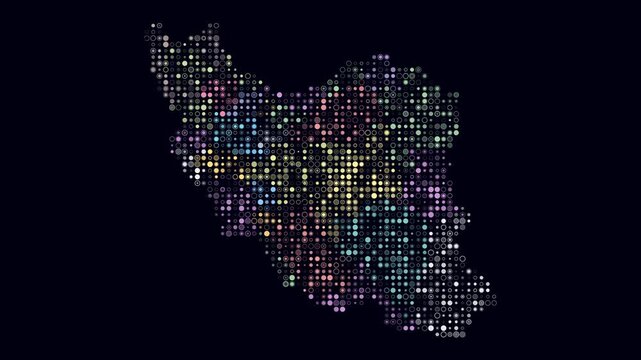 Iran map animation. Shape of the country with pulsating colored dots. Small size circle blocks. Digital style Iran map on dark background. Stylish video.