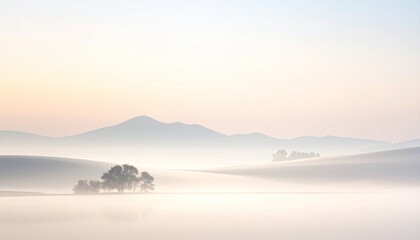 A beautiful morning sunrise reflects over the misty mountain landscape and calm lake water under a glowing sky at dawn