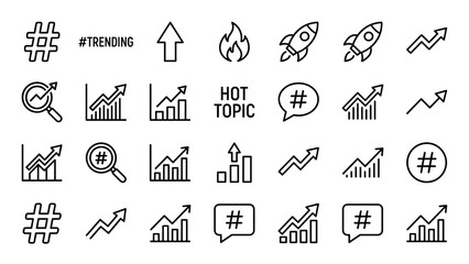 Trending hashtag icons pack. Minimalist line style symbols for social media trends, analytics, up arrows, rocket, fire, growth chart, and hot topic communication concept on white background