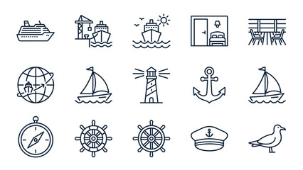 Cruise and maritime line icons set. Nautical travel symbols. Ocean vacation vector elements. Sea transport signs ship, anchor, compass. Summer voyage pictograms. Thin outline style.