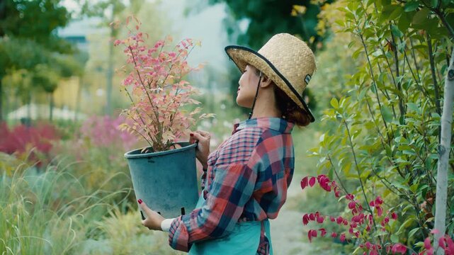 Woman with potted plant in a vibrant garden