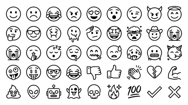 Minimalistic vector emoji set of smiley faces and reaction icons in line art style. Expression collection including happy, sad, angry, love, crying, laughing, surprised, and neutral emotions.