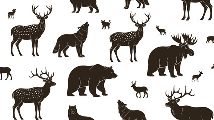 Obraz premium Forest Wildlife Silhouette Collection Featuring Deer Bear Wolf and Moose Icons for Rustic Nature Design Woodland Animal Vector Set for Outdoors Adventure Graphics