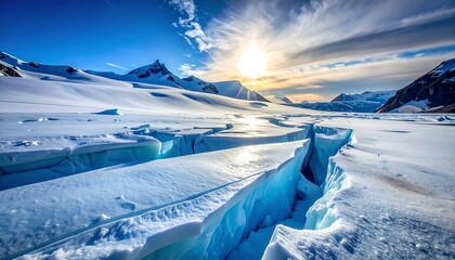 Obraz premium Cracking ice field leads to distant mountains under a radiant sun in a polar landscape