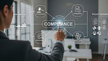 A businessman interacting with a compliance concept interface in a modern office