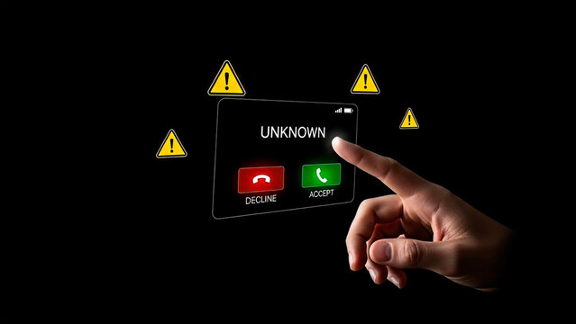 A hand interacting with a smartphone screen displaying an unknown caller for the concept of phone security and privacy.