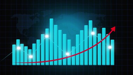 Digital bar chart visualization with upward trend line and analytics. Business growth graph display for financial performance and market analysis. Futuristic data presentation element. - Powered by Adobe
