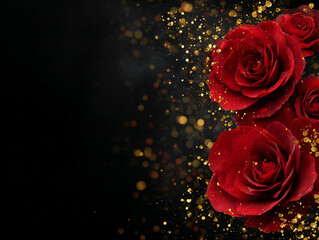 Elegant Red Roses with Gold Glitter on Black Background