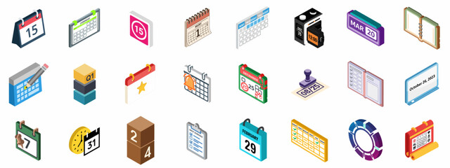 Isometric Calendar, Time, and Schedule Icons Set. Planning, Deadline, Reminder, and Date Management Vector Collection.