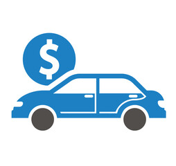 A blue car with a dollar sign icon above it representing vehicle cost or financial transaction