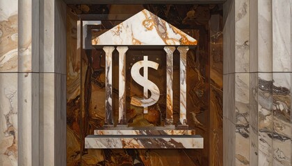 An artistic bank facade with a dollar symbol carved in stone. The building features pillars and a triangular roof