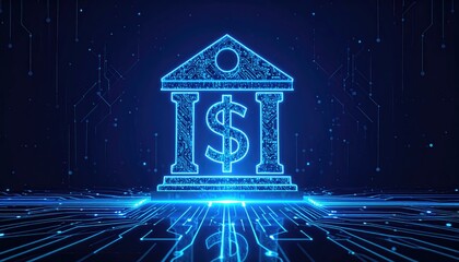 A digital representation of a bank, emphasizing modern finance and technology. A glowing bank icon is set against a digital background